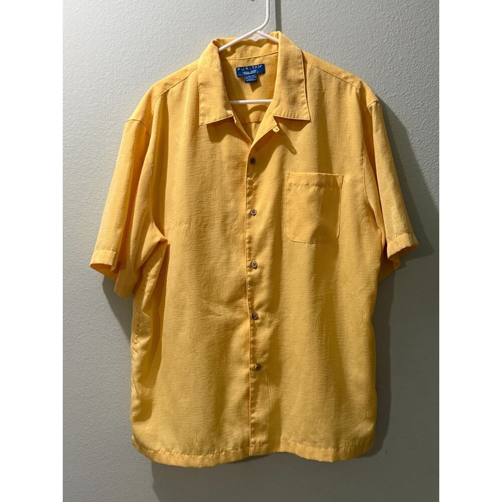 VTG Puritan Mens Large 42/44 Hawaiian Yellow Star Shirt Tropical Beach Palm Tree